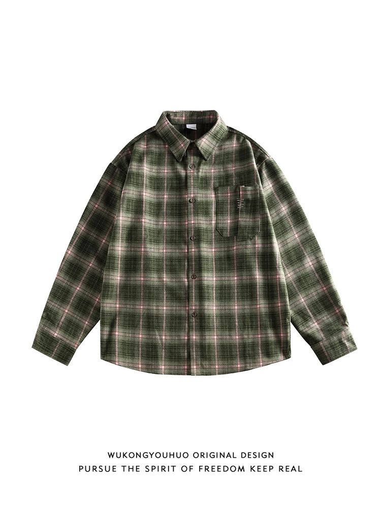 

Trendy Long Sleeve Plaid Shirt Loose Fit Unisex Street Style Autumn Casual Shirt Youth Popularity Classic American Retro Design