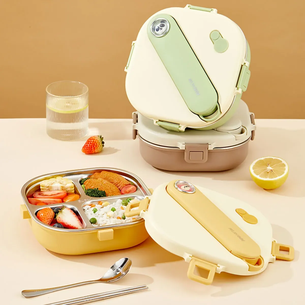 WORTHBUY 800Ml 304 Stainless Steel Divided Lunch Box With Cutlery Microwave 3/4 Grids Leak Proof Large Capacity Lunch Container