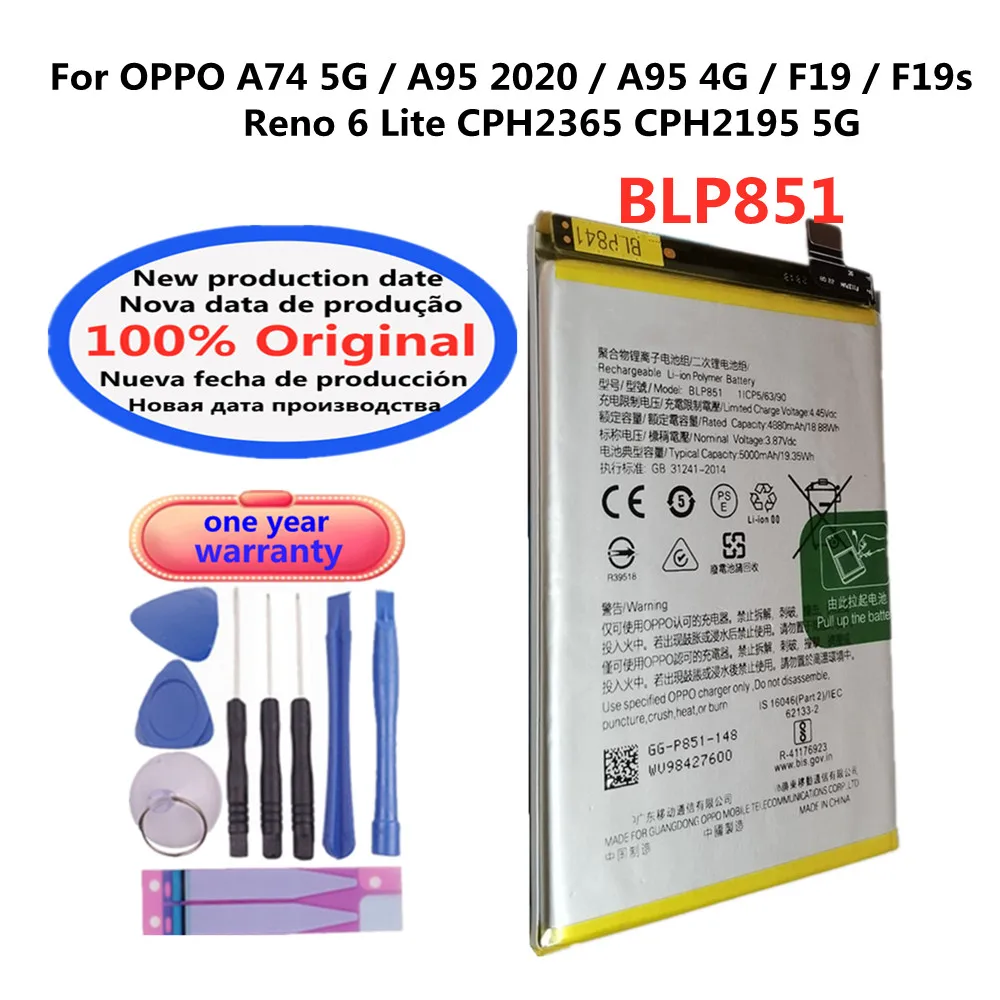 Original BLP851 Battery For OPPO A74 5G / A95 2020 / A95 4G/ F19 / F19s / Reno 6 Lite CPH2365 CPH2195 5G Phone Batteries Bateria