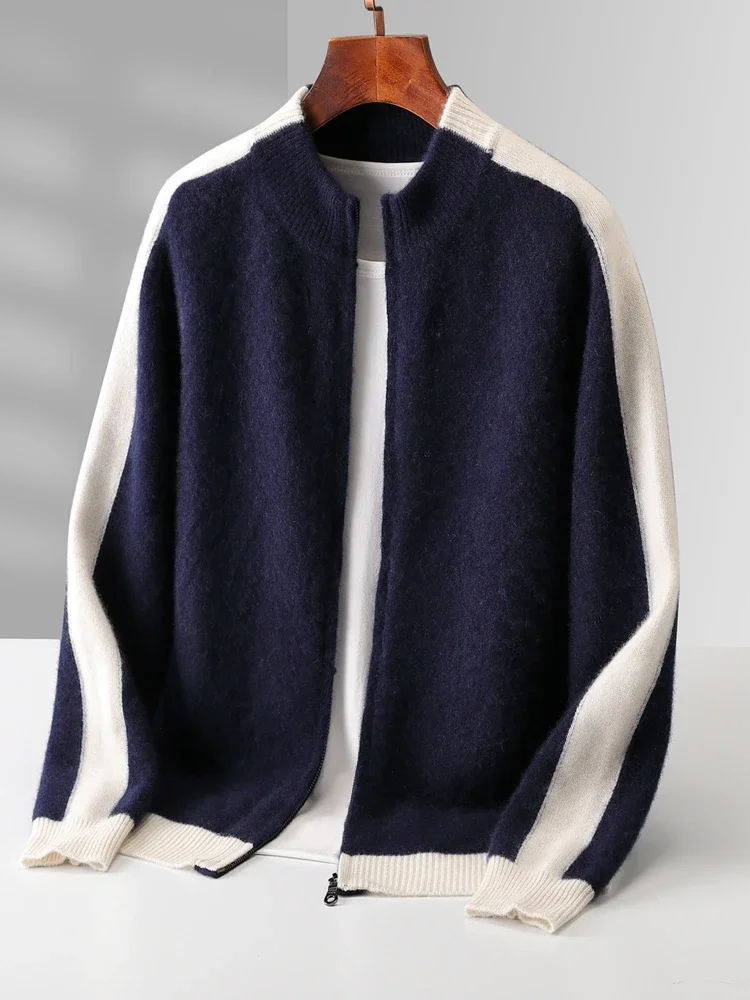 Korean Clothes Autumn Winter Sweater Men's Coat 100% Merino Wool Sweater Cardigan Knitted Jacket Thicked Zip Spliced Outerwears