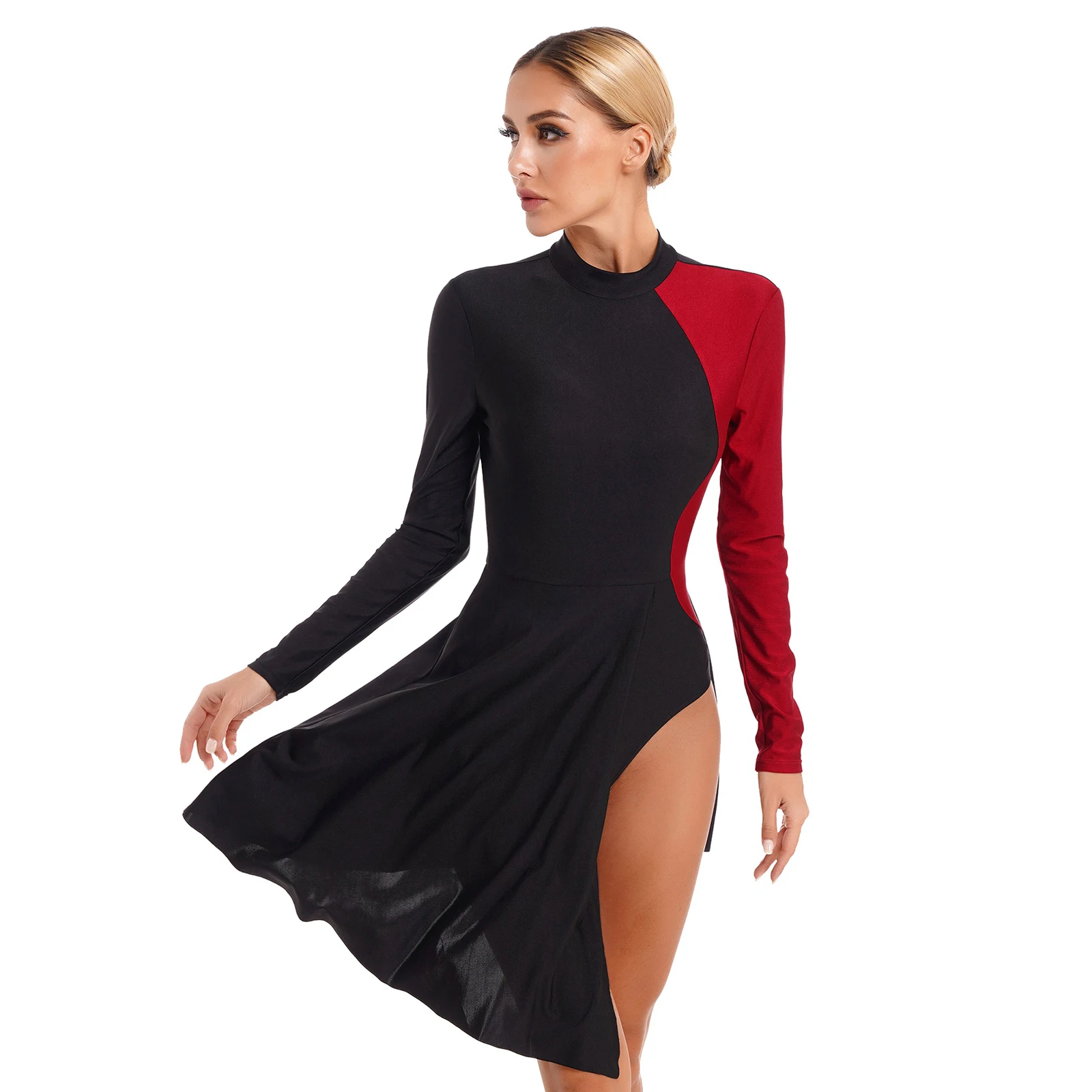 Womens Contemporary Lyrical Dance Dress Long Sleeve Color Block Figure Skating Leotard Dresses Modern Dancewear for Performance