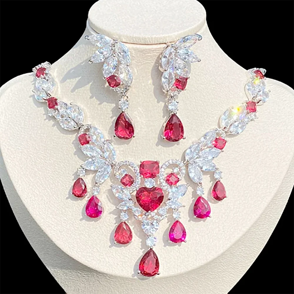 Exquisite fashion Two Piece Transparent Pink Zircon Earrings and Necklaces Bridal Jewelry Set