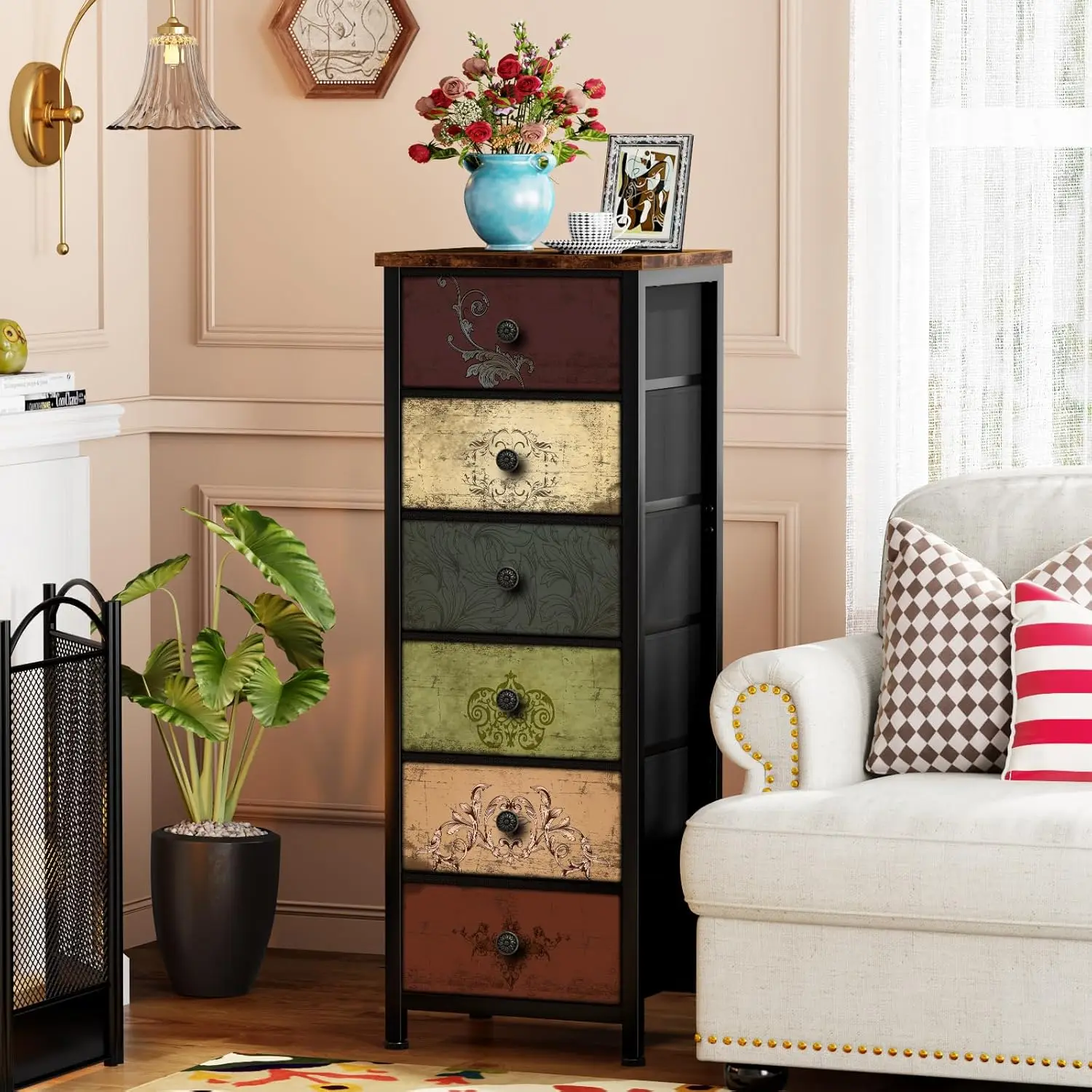 Tall Dresser with 6 Drawers, Pattern Storage Drawer Units, Storage Tower Units, Fabric Dresser Nightstand for Bedroom