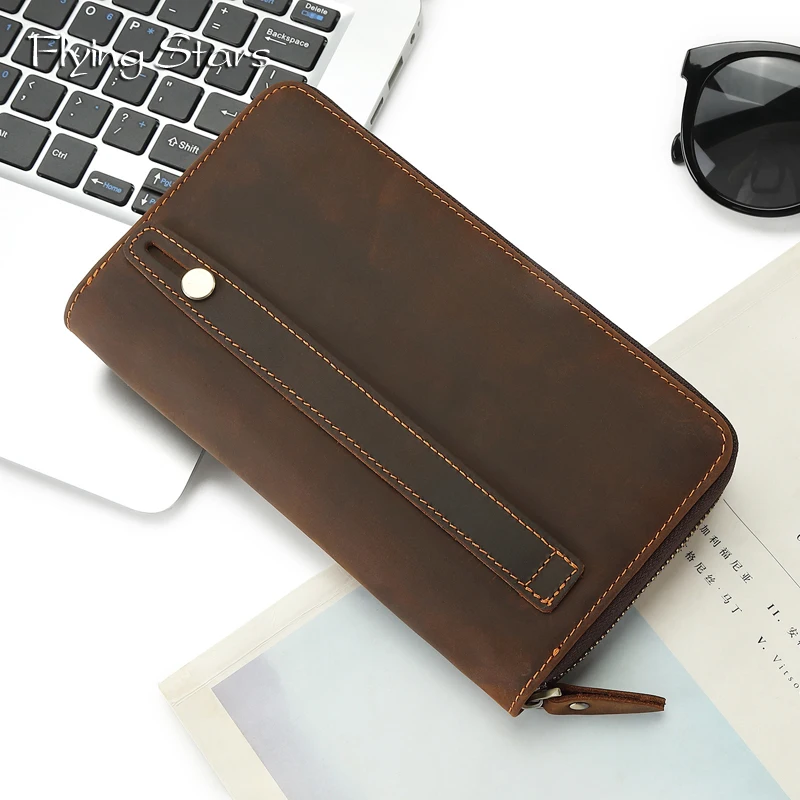 Men's Handheld Wallet Genuine Leather Designer Luxurious Business Phone Bag Retro Crazy Horse Leather Handbag Long Wallet