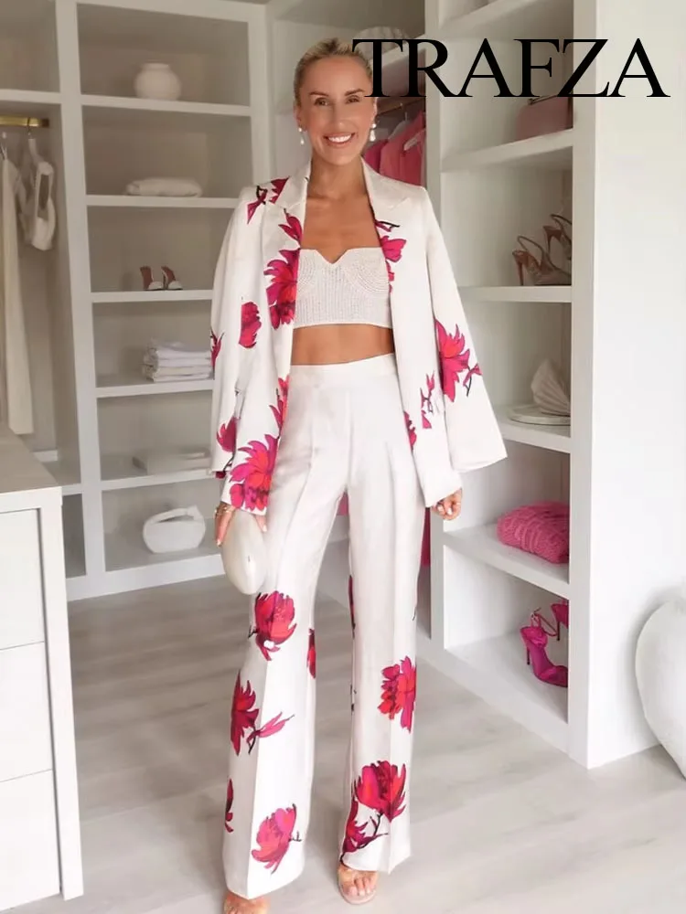 

TRAFZA Women 2 Piece Set Elegant Print Lapel Long Sleeves Fake Pocket Decorate Blazer Top+Slim Loose Side Zipper Wide Leg Pants