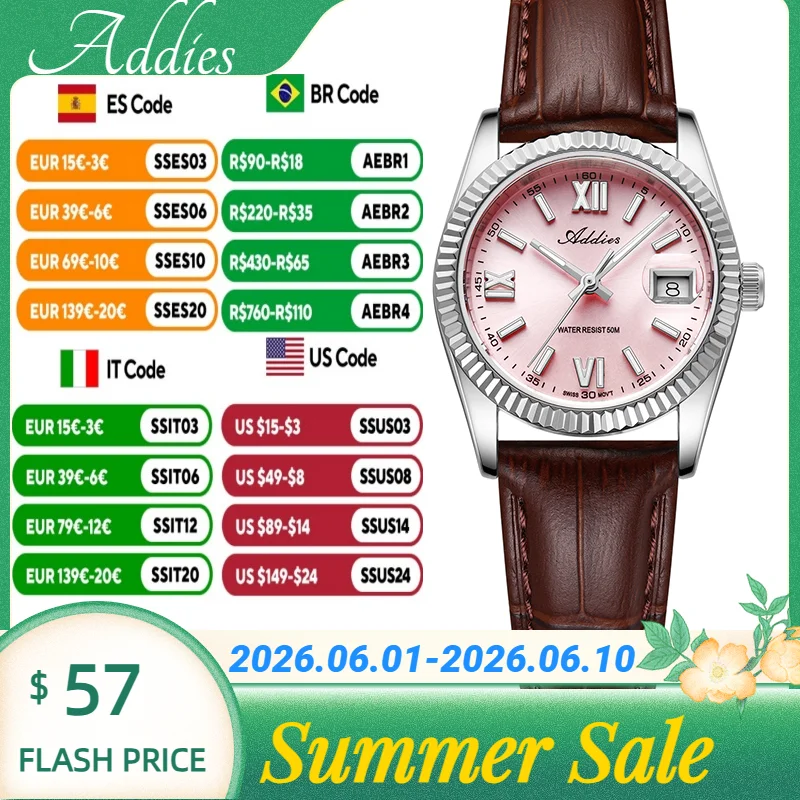 Addies Date Display Sapphire Glass Watches Swiss 585 Super Luminous Women's Watches 5Bar Waterproof Stainless Steel Wristwatch