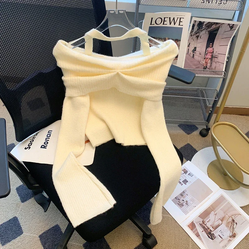 

Cropped Slash Neck Sweater Women Sexy Halter Black Knitted Pullovers Korean Long Sleeve Knitwear Fall Winter Slim Jumpers