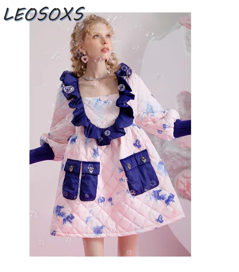 Sweet Kawaii Princess Print Design Girl Dress 2023 Winter New Cotton Clothing Tie-Dyed Western Style Puffy Ruffled Puffy Dress