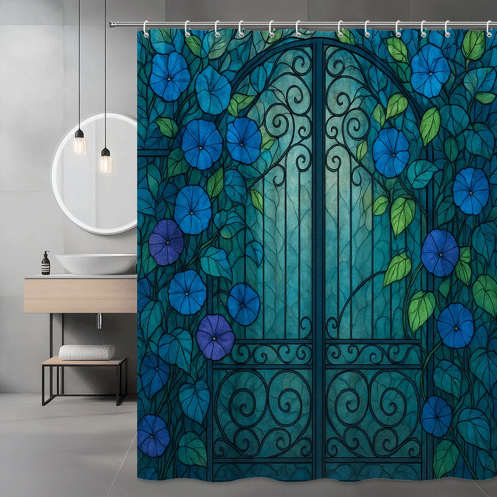 

Stained Glass Garden Gate Shower Curtain Blue Morning Glory Flowers on Iron Arch Design Artistic Bathroom Decor Waterproof