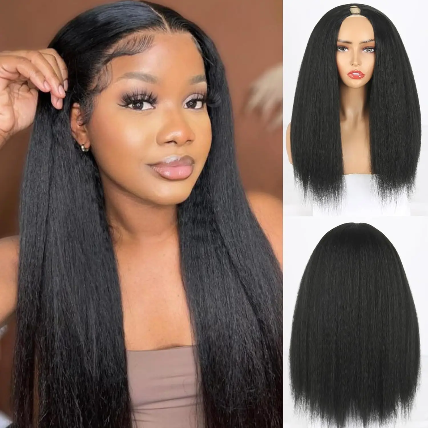 V Part Wig Yaki Straight Human Hair Beginner Friendly for Women Machine Made Yaki Straight Brazilian Natural Color 180% Density