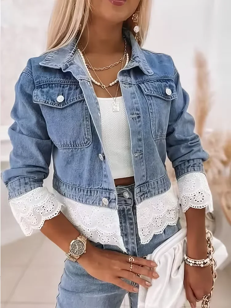 Chaqueta Vaquera Elegante con Encaje para Mujer, Chaqueta Corta de Manga Larga con Botones, Nueva Colección Primavera 2026, Ropa Casual Diaria para Dama