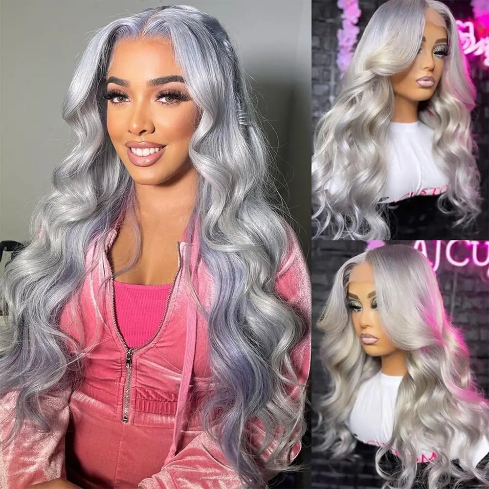 200 Density Natural Black & Grey Body Wave 13*4 Lace Frontal Wigs Transparent Lace Front Human Hair Wig Pre Plucked For Women