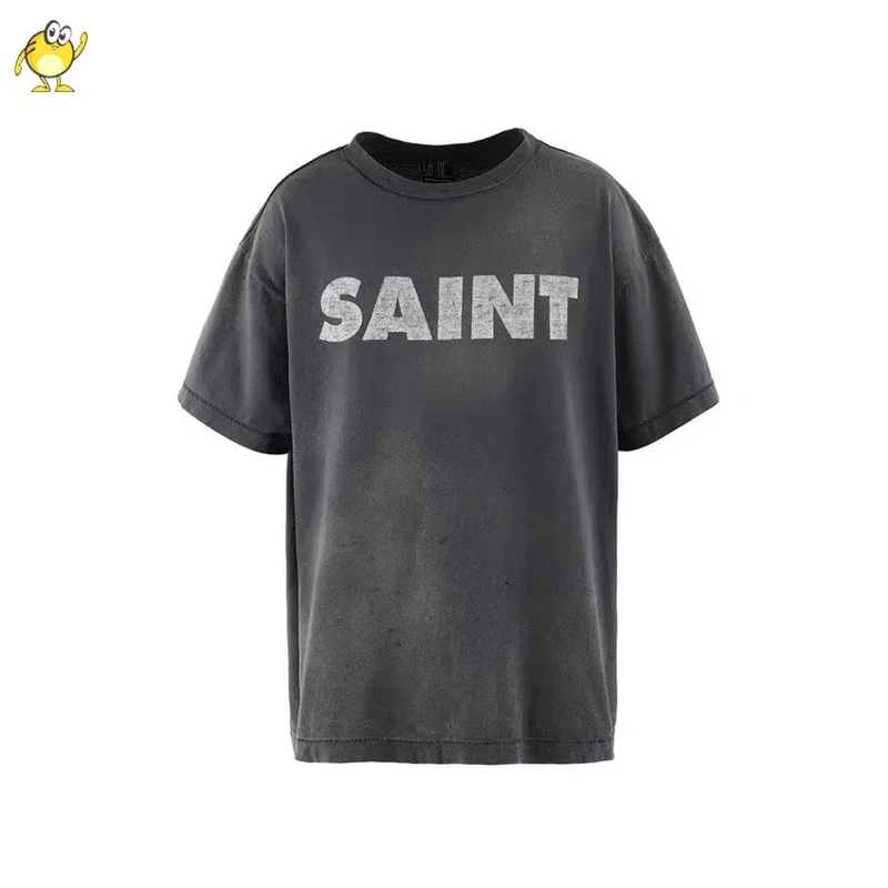 New Washed Do Old Classic Logo Print Saint T-shirt Black 1:1 Vintage Casual Round Neck Short Sleeve Summer Top