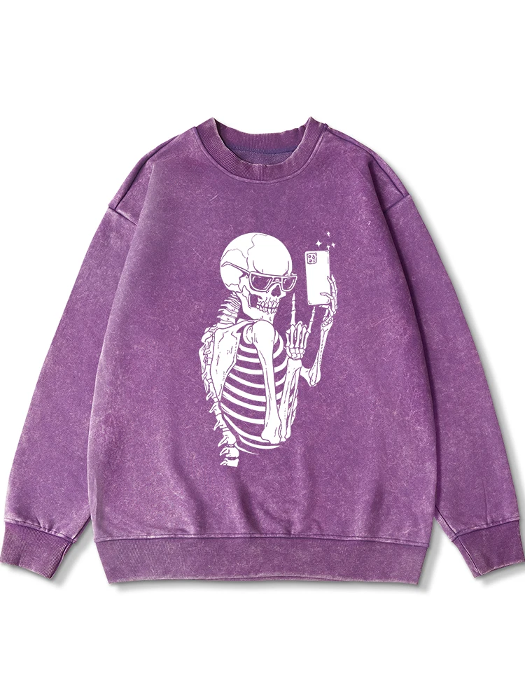 

Even A Skeleton Takes A Selfie Printing Washed Hooded Women'S Retro Crewneck Autumn Oversize Hoodie Simple Distressed Streetwear