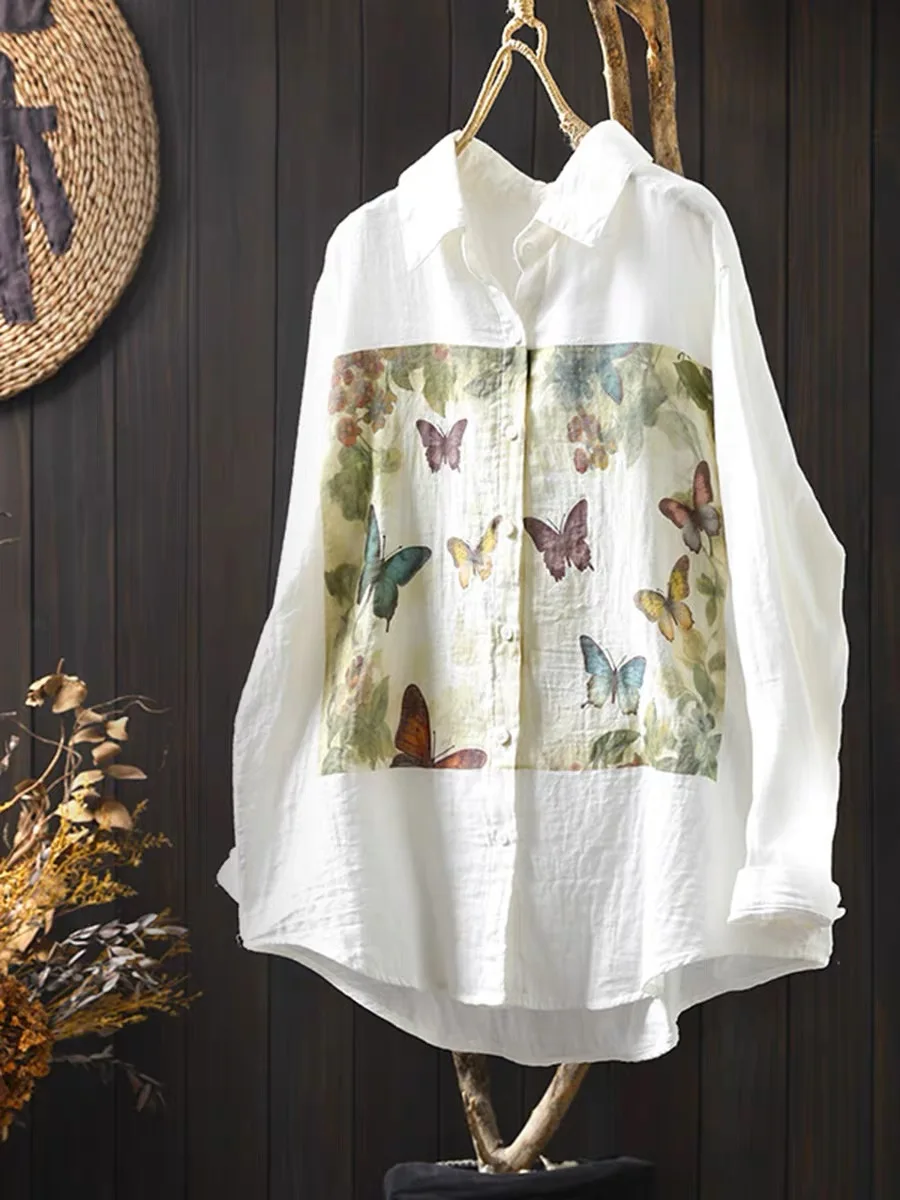 Butterfly Print 100% Cotton Long-sleeved Shirt Women's Loose Casual Tops  Blouse  Camisa  Blusas