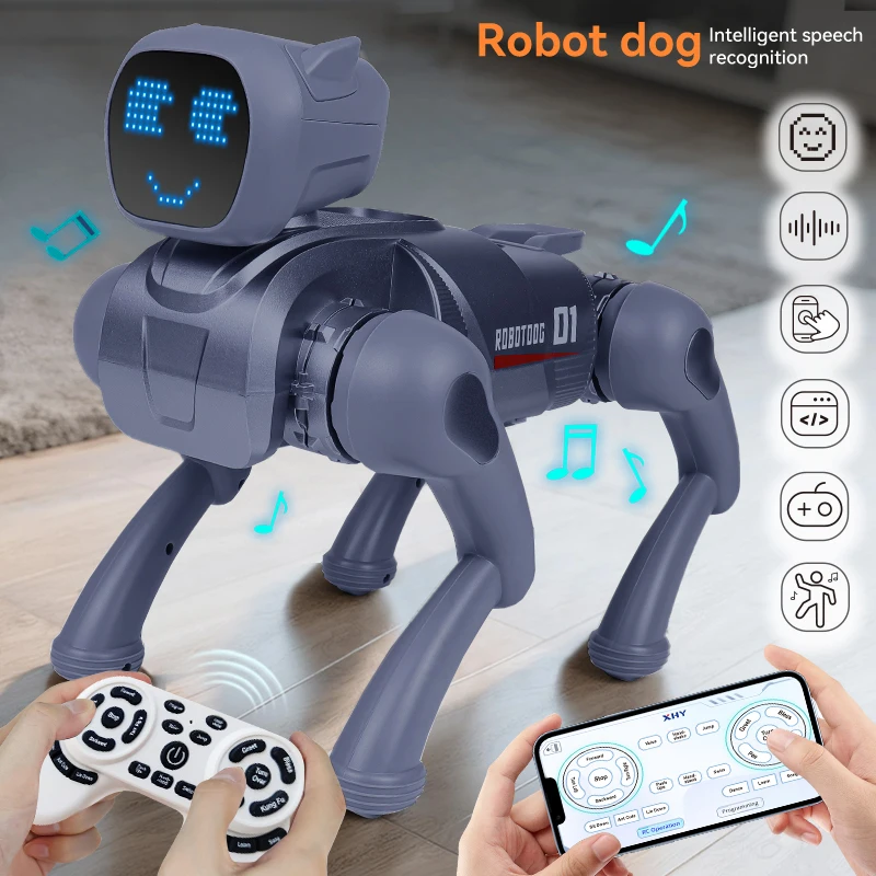 Rc robô cão bonito expressão lâmpada inteligente mecânico cão voz diálogo cão robô brinquedos controle app filhote de cachorro robôs crianças presentes