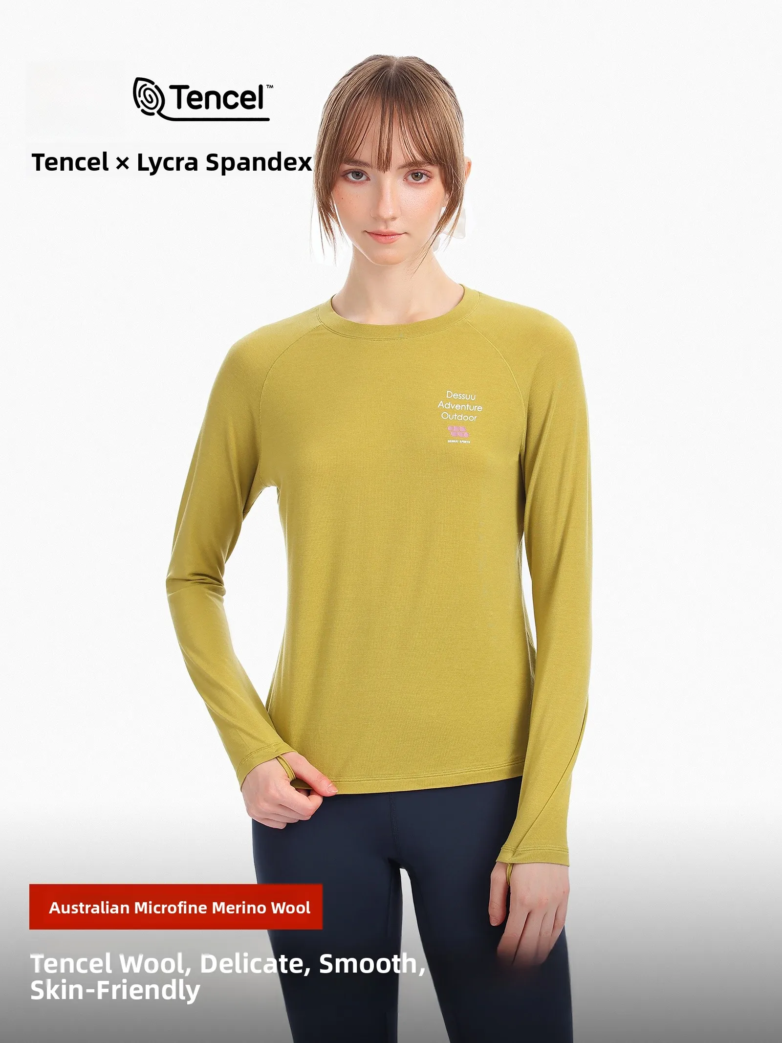 DSU Women's Wool T-Shirt round Neck Long Sleeve Printed Slim Fit Sport Style Autumn Top Lenzing Base Shirt