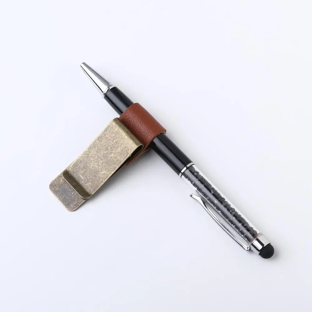 Bürobedarf, Metall, tragbarer Notebook-Halter, Messing, Stiftordner, Edelstahl-Clips, handgefertigtes Leder