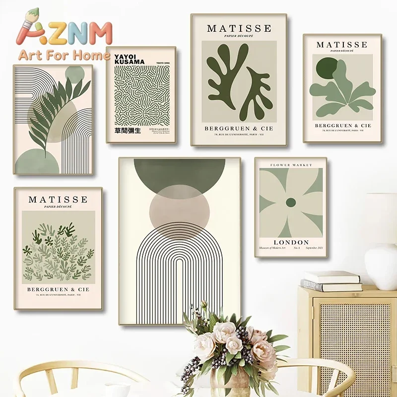 Boho Canvas Wall Art Set Matisse Cutout Yayoi Kusama Flower Market Line Geometric Print for Neutral Living Room Decor Poster