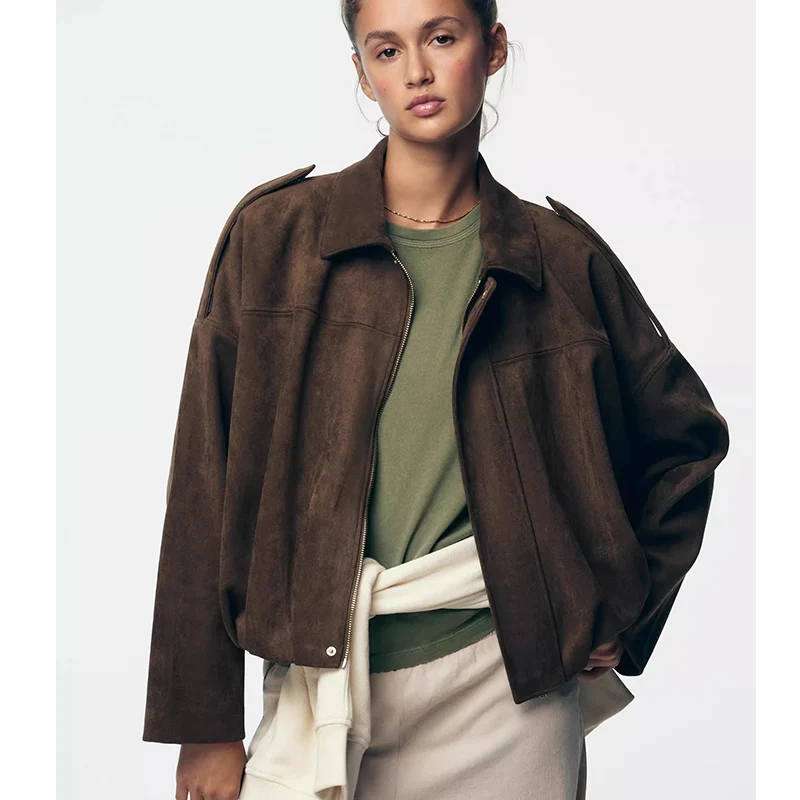 

Женская повседневная верхняя одежда в стиле ретро с замшевым эффектом Pilot Jaet, новинка осени 202, свободная посадка на молнии Fem Pilot Jaet