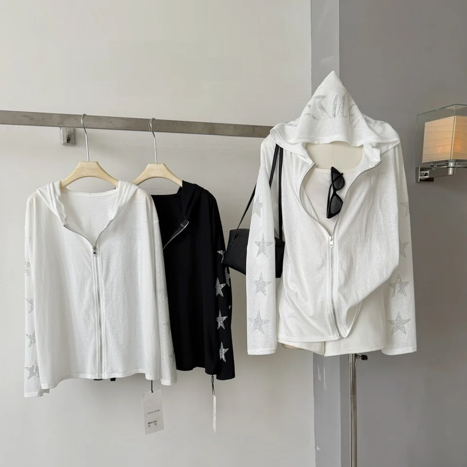 summer-thin-star-rhinestone-hooded-long-sleeve-women's-lightweight-breathable-loose-zipper-sun-protection-outdoor-jacket