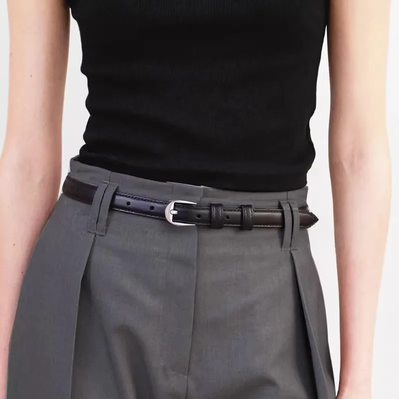 ヴィンテージトップレイヤーレザーベルト女性用ブラック本革スキニーベルトインスタイルウエストベルトドレス用通勤アクセサリー