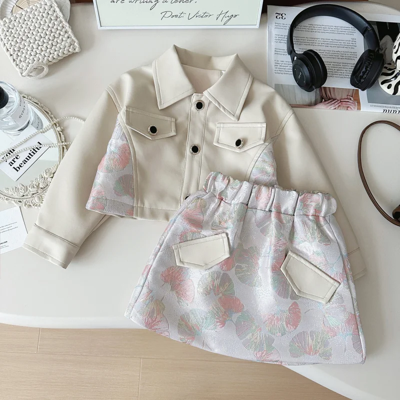 

Children's Leather Jacket Set Skirt New Autumn Girls' Trendy Printed Coat Top with Skirt Two-Piece Set