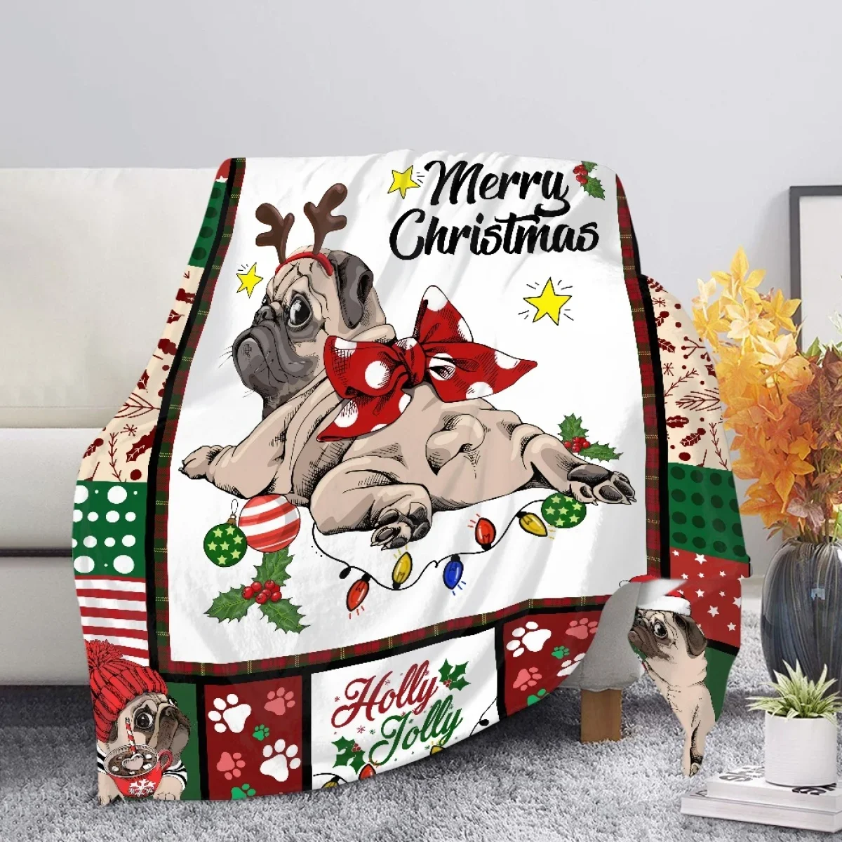 Merry Christmas Dog Blanket Christmas Hat Bow Throw Blanket Plush Warm Soft Office Quilt Bedroom Blanket Special Christmas Gifts