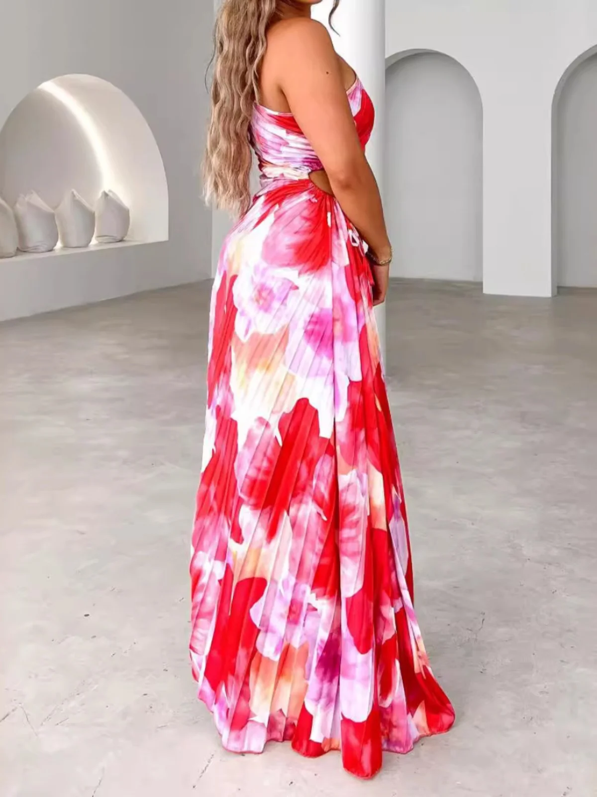 플로럴 프린트 원숄더 슬림핏 미드 웨이스트 A라인 롱 드레스 봄 여름 가을 시즌 여성 패션 드레스