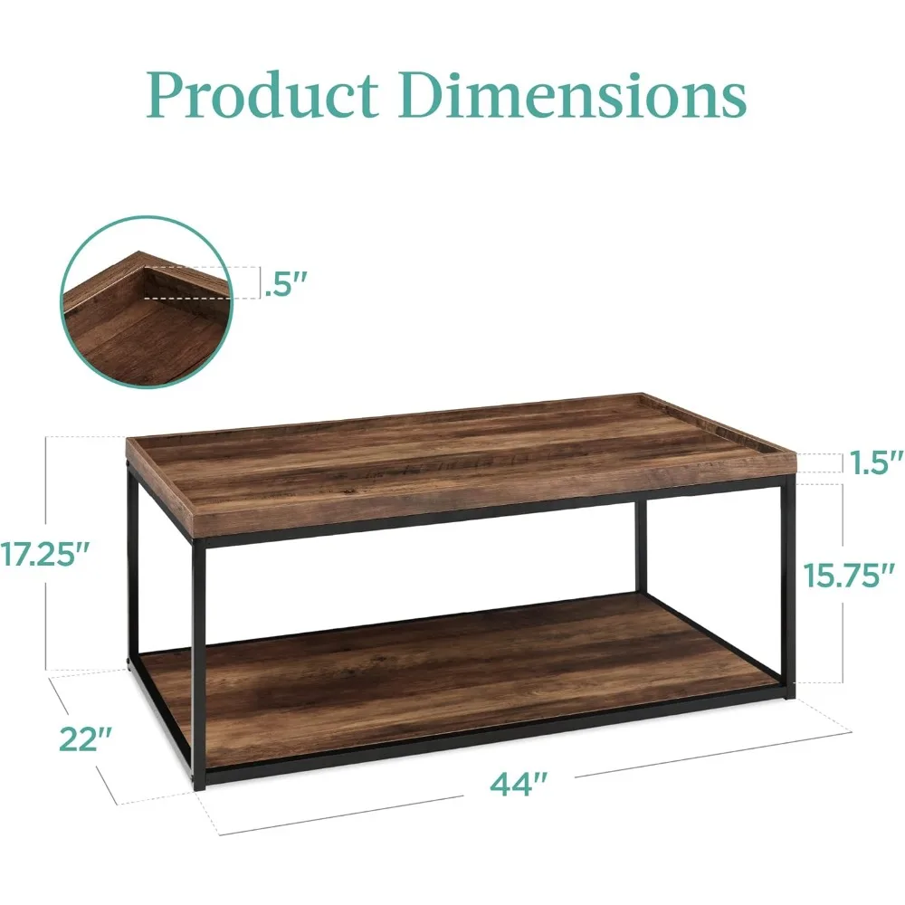 44in 2-Tier Rechthoekige Salontafel Met Blad, Verzonken Accent Meubels Voor Thuis Met Metalen Frame