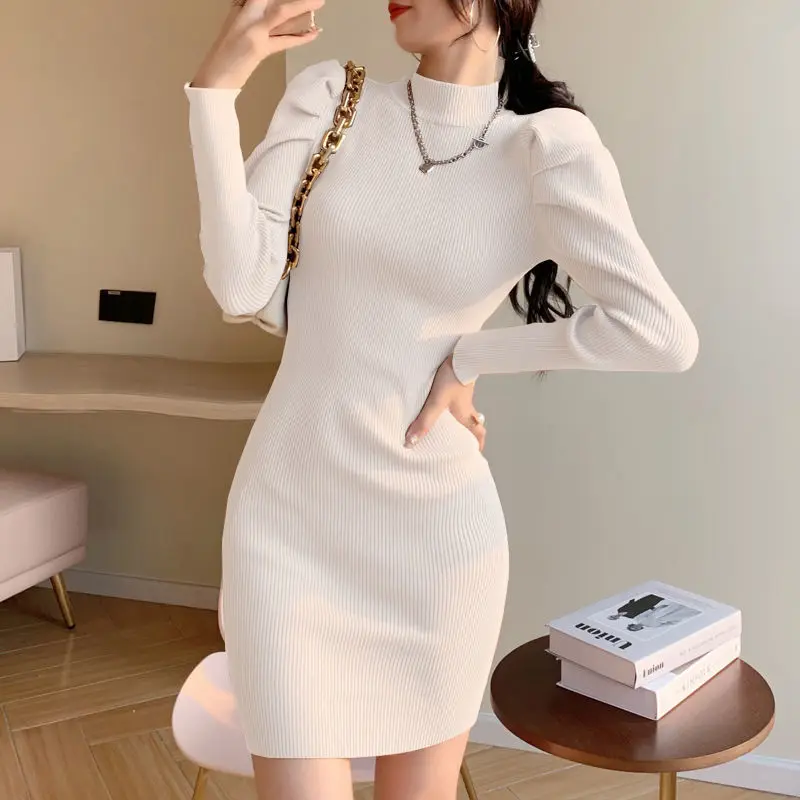 Pink Crochet Female Dress Knit Extreme Mini Women\'s Dresses Black Turtleneck Solid Short Clothing Trendy Offer Elegant Hot Y2k