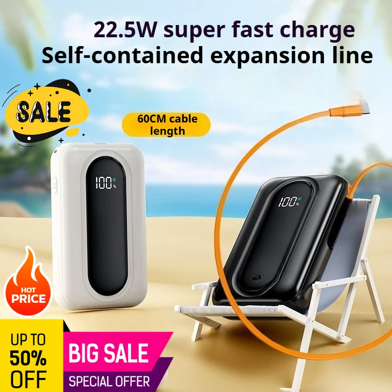 

Встроенный растягивающийся кабель 22,5 Вт, внешний аккумулятор большой емкости, сверхбыстрая зарядка, мобильный аккумулятор для большинства моделей мобильных телефонов