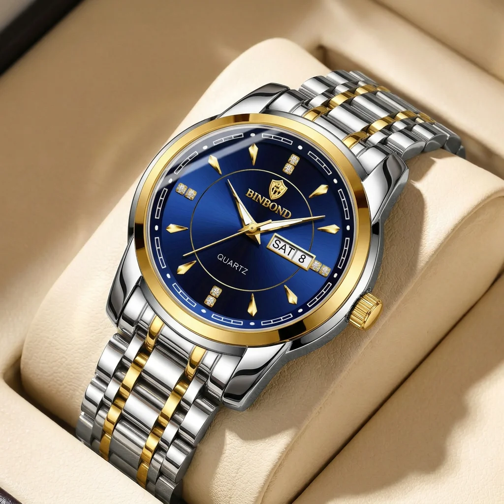 1pcs Men Watch Fashion Two Tone Strap Blue Dial Double Calendar Quartz Wristwatch Daily Business Casual Wear Clear Displ