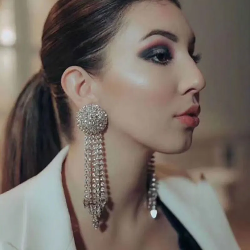 cross-border jewelry, round rhinestone long fringed earrings, temperament super flash diamond earrings