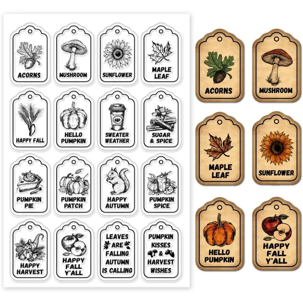 Autumn Tags Clear Stamps Pumpkin Squirrel Mushroom Labels Silicone Clear Stamp Seals Flower Maple Leaf Acorns Transparent