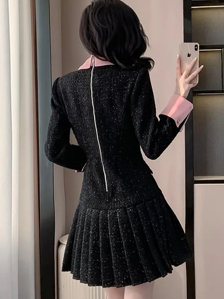 High Quality French Vintage Small Fragrant Tweed Dress For Women Autumn Winter High Waist Slim Pleated Short Dresses Vestidos