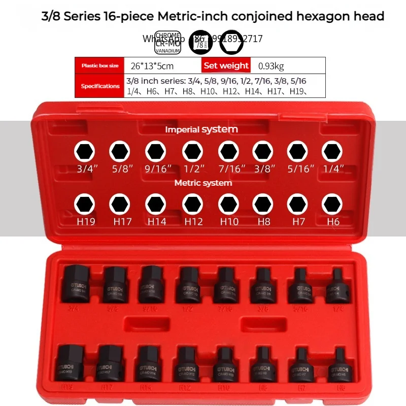 3/8 Inch Drive Low Profile Impact Hex Driver Set SAE/Metric 1/4-3/4 Inch 6-19mm Cr-Mo Steel Integrated Construction Hand Tool