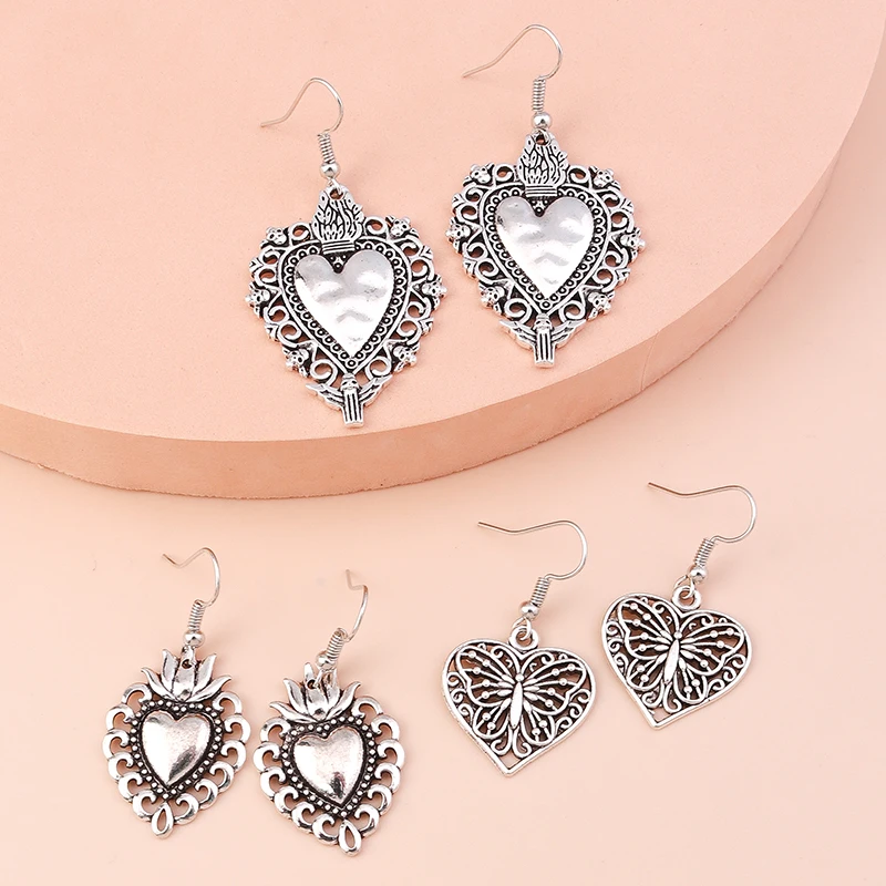 3 Paar/Set ethnische Metall-Ohrringe mit Liebesherz-Anhänger für Frauen und Mädchen, Party, Festival, Schmuck, Geschenke – Detail 5