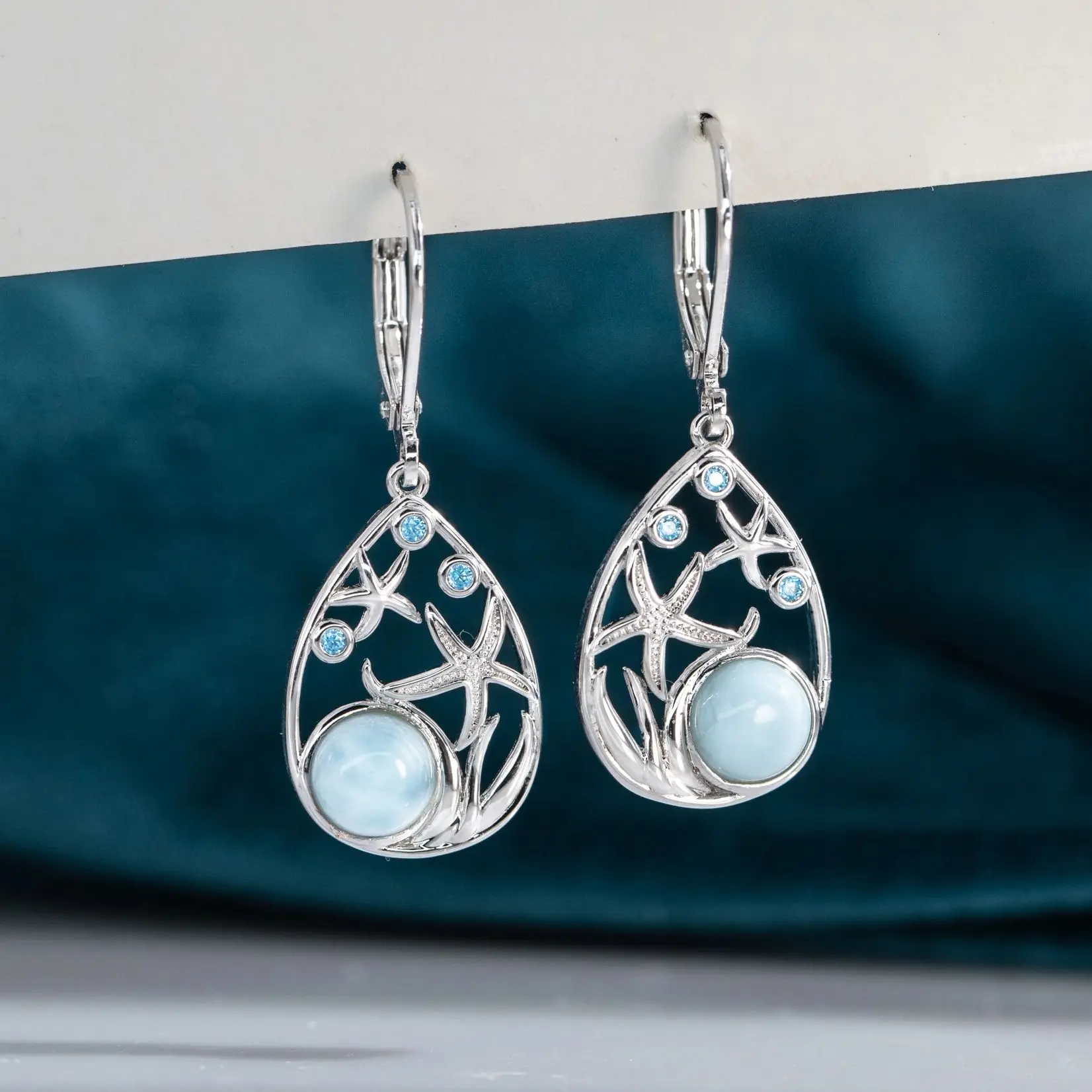 

925 Sterling Silver Natural Gemstones Larimar Hoop Dangle Earrings Healing Crystal Woman Drop Earrings Desiger Jewellery