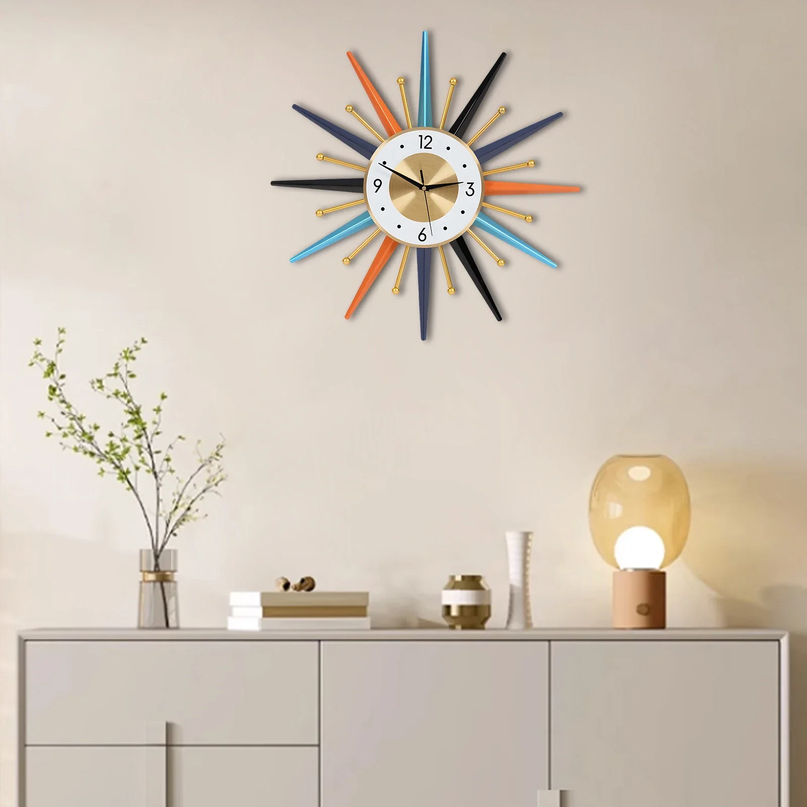 

22 Inch Modern Large Colorful Wall Clock Silent Non Ticking, Battery Operated Sun Wall Clock, Retro Starburst Ball Wall Clocks