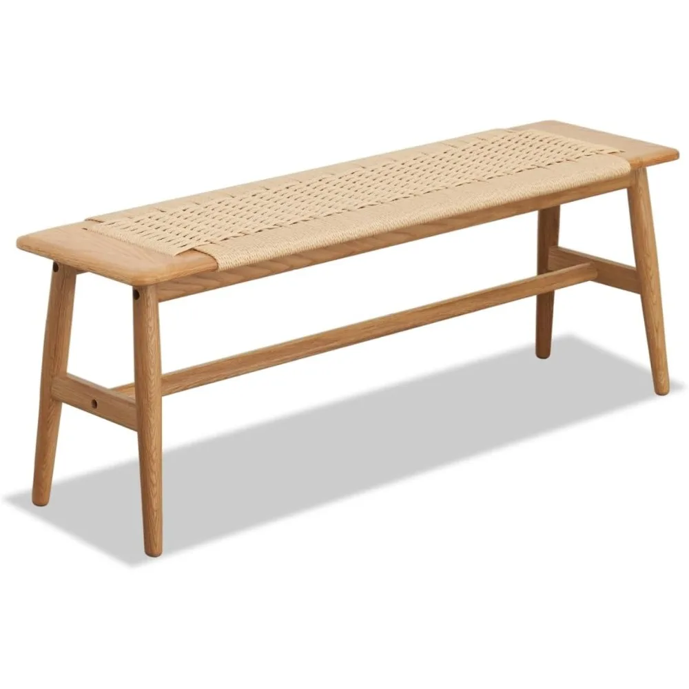

100% Solid Oak Farmhouse Entryway Bench, Wooden Bench Indoor with Hand Woven Rope Surface Design, Wood Bench for End of Bed with