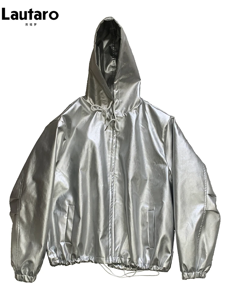 Mauroicardi Autumn Oversized Waterproof Silver Faux Leather Jacket Men with Drawstring Hood Zipper Loose Casual Korean Fashion