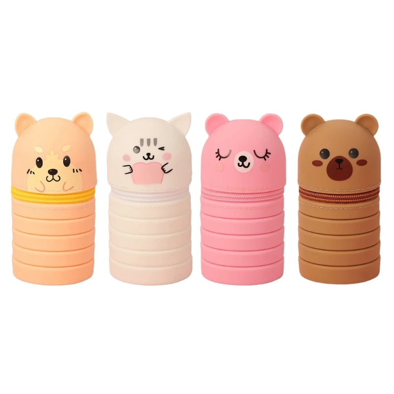 2Pcs Cartoon Pencil Bag Telescopic Silicone Pencil Case Extendable Pen Bag Zippered Pen Pouches Standing up Pen Holder