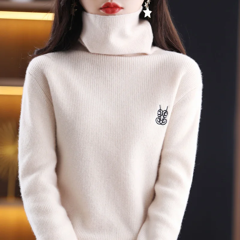 Autumn And Winter New Pure Wool Casual Temperament Round Head High Neck Solid Color Embroidery Knitwear with Lnner Layer And Out