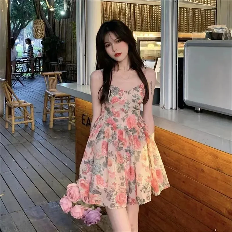 

French Style Summer Sleeveless Dress Women Floral Sexy A-line Elegant Spaghetti Strap Mini Dresses Stylish Female
