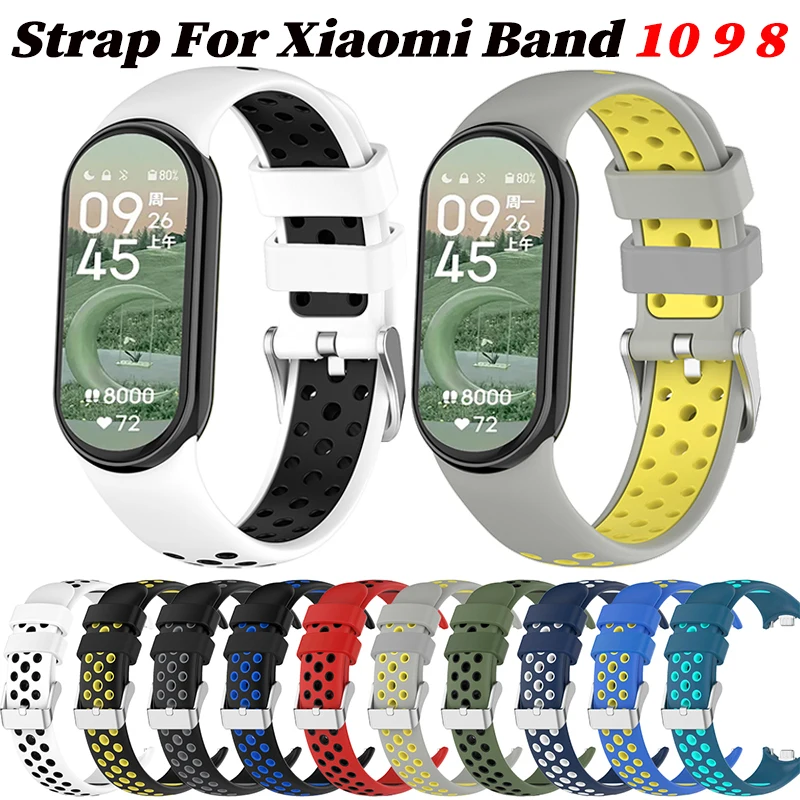 Silicone Watch Strap For Xiaomi Band 10 9 8 Two-Color Breathable Smart Watchband Replacement Bracelet for Xiaomi Mi Band 9 Strap