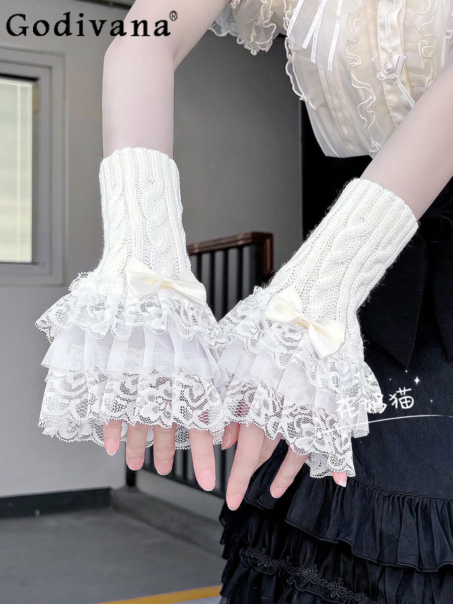 

2025 Japanese Original Lolita Lace Sleeve Women Sweet Cool Girl Heavy Craft Flower Bride Bow Knitted Lace Sleeve Set