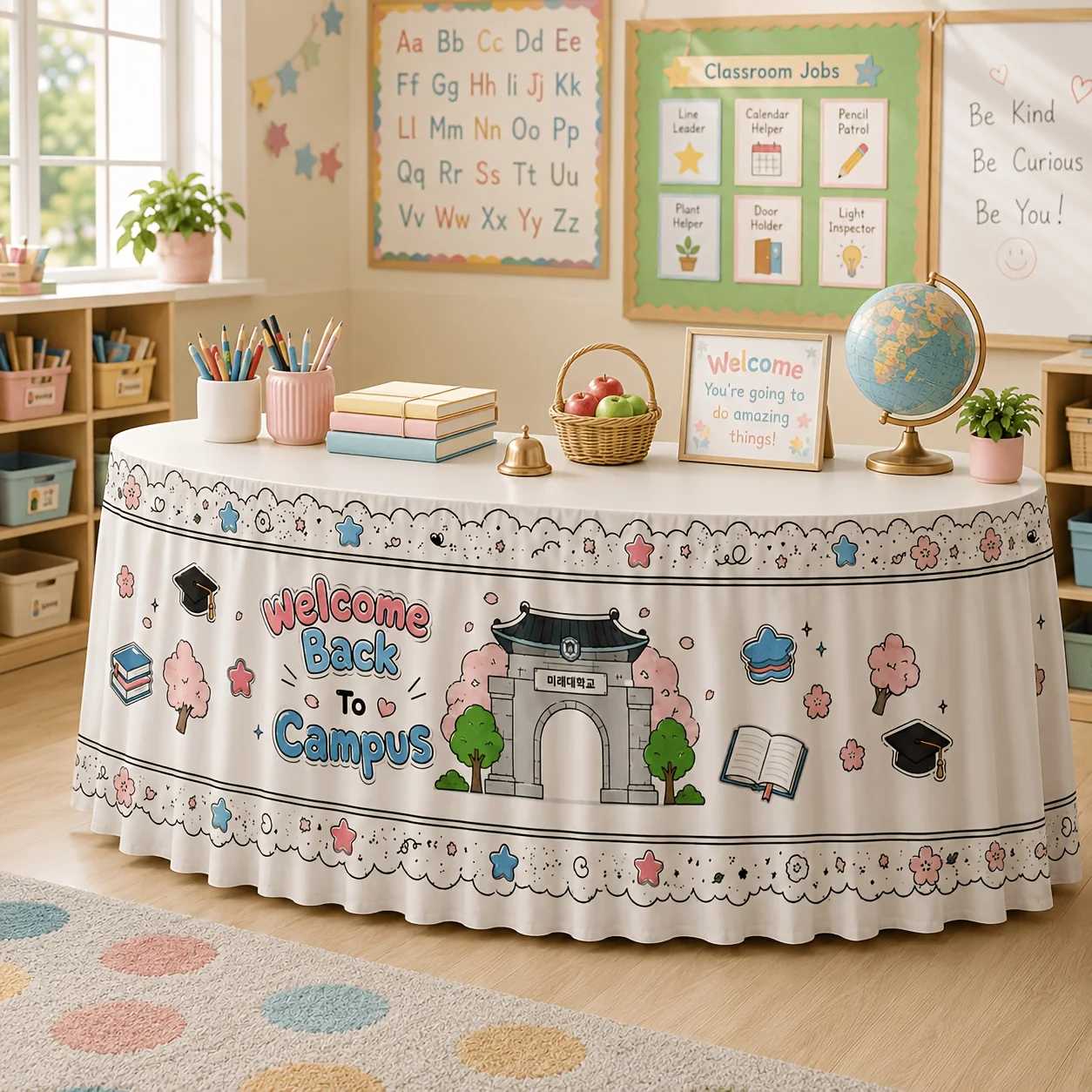 1 table skirt, welcome back to school, cherry blossom graduation season printed polyester table skirt, suitable for campus pie