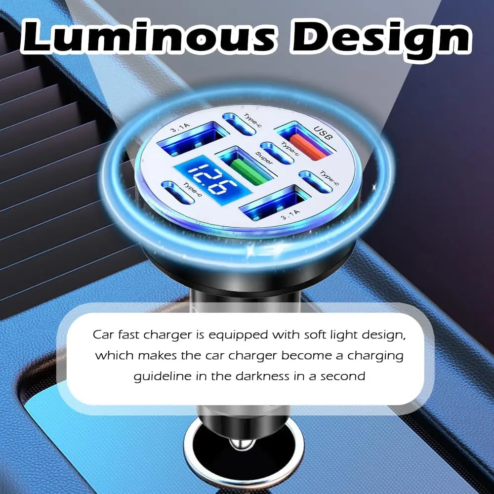Multi Port USB C Car Charger for iPhone 17 Samsung S26 iPad with Digital Voltage Display Screen for Vehicle Power Needs
