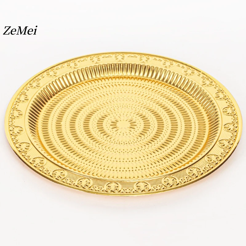 Round Fruit Plate,European-Style Exquisitely Carved Ripple Texture Metal Cake Tray,Dessert Living Room Snack Plate Decoration